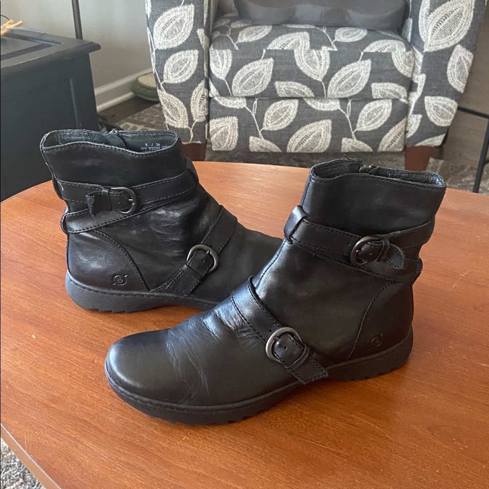 Born Leather Black Ankle Booties with Buckle Detail